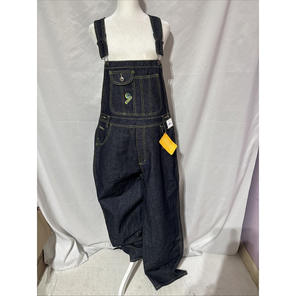Vintage‎ Crest Jeans Denim Overalls XL Dark Blue W/yellow Stitching Pockets New